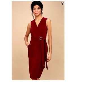 Lulus | Office Aesthetic Wine Red Midi Wrap Dress